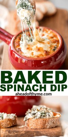 baked spinach dip in a red casserole dish with bread on the side