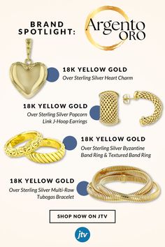 Four types of jewelry from JTV’s new brand, Argento Oro, propped against a cream background. Jewelry Brands, Italian Jewelry, Attention To Detail, Made Jewelry, Sterling Silver Heart, Jewelry Branding, Heart Charm