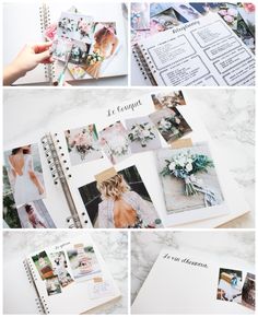 the inside pages of a planner spread out with photos and text on it, including flowers