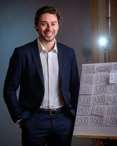 a man standing in front of a sign that says $ 1, 500 per pound