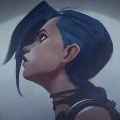 an anime character with blue hair looking up at the sky