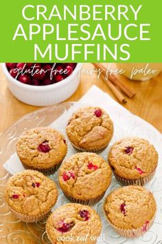 cranberry applesauce muffins on a plate with text overlay