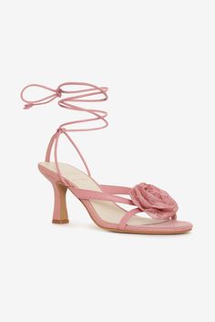 Named Amora because it's designed for lovers—this pink tie up heel features a rose applique and wrap-around laces that tie at the leg. Crafted in raffia—it's the perfect lace up heel to go dancing in. Baby Pink Heels Lace, Pink Feminine Heels, Elegant Slip Dress, Spring Heels, Tie Up Heels, Rose Applique, Floral Heels, Rose Lace, Pink Tie