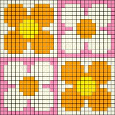 a cross stitch pattern with orange and pink flowers on it's side, as well as yellow dots in the middle