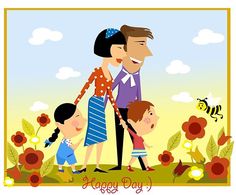 a man and woman holding hands with two small children in front of them, surrounded by flowers