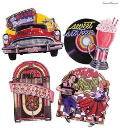 four stickers depicting various items from the 1950's and 1960s's, including an old - fashioned car