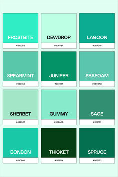 the names of different types of paint colors in each color, including teal and green