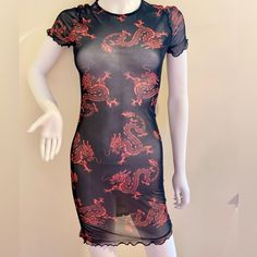 Brand New Condition/ No Tags Size Medium (Us: 7 Can: 9) Features: Mesh Mini Dress, Red Dragon Print Design, High Neck, Short Sleeve, Lettuce Edge Trim, Stretch, Date Night Attire, Transparent Material: 92% Polyester 8% Spandex Bust: 36-37 Inches Waist: 28-29 Inches Hips: 39-40 Inches By Fashionnova Price Sheer Fitted Short Sleeve Dresses, Sheer Fitted Dresses With Short Sleeves, Red Sheer Mini Dress, Red Sheer Mini Length Dress, Fitted Sheer Mini Dress For Summer, Sheer Knee-length Bodycon Dress For Summer, Sheer Stretch Casual Dresses, Casual Stretch Sheer Dresses, Casual Sheer Fitted Dress