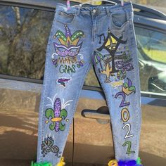 Custom Design Mardi Gras 2022 One Of A Kind Pants Diy Jeans, Pants Diy, Nails Tools, Shorts Diy, Diy Jeans, Design Jeans, Jeans Diy, Custom Graphics, Graphics Design