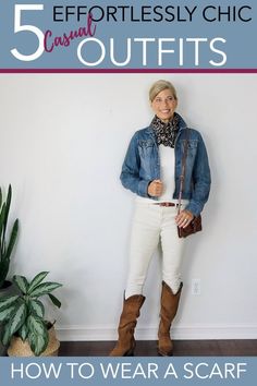 Love all the ideas! How to wear a scarf with a jean jacket and other ideas about how to wear a scarf in fall. It shows how to wear a bandana scarf, a rectangular scarf, and an infinity scarf in… More Classic Style Women Casual, Smart Casual Women Summer, Casual Work Outfit Winter, Chic Casual Outfits, Work Outfits Women Winter, Work Outfits Women Professional, Scarf Styling, Smart Casual Women Outfits, Smart Casual Dress Code