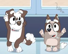 two cartoon dogs standing next to each other in front of a window with their hands up