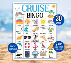 a beach scene with the words cruise bingo written in blue and surrounded by images of vacation items