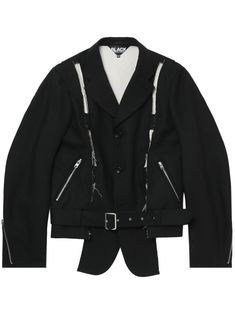 black wool blend notched lapels cut-out detailing front zip fastening pockets belted waist long sleeves asymmetric hem When buying this unisex item, keep in mind that it is graded in standard men's sizing. Comme Des Garcons Black, Pocket Belt, Black Wool, Biker Jacket, Asymmetric Hem, Outerwear Jackets, Size Clothing, Wool Blend, Fashion Branding