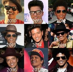 a series of photos with the same man in different hats and sunglasses on each side