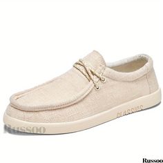 Russoo - Premium Mens Breathable Canvas Loafer Shoes: Solid Color Design, Lightweight with Anti-skid Sole, Ideal for Casual Wear Beige Casual Flat Bottom Loafers, White Lace-up Casual Boat Shoes, Casual White Lace-up Boat Shoes, Casual Lace-up Loafers With Textured Sole, Casual Beige Slip-on Boat Shoes, Beige Flat Bottom Slip-ons Casual, Casual Beige Slip-ons With Flat Bottom, Casual Lace-up Boat Shoes, Mens Loafers Casual