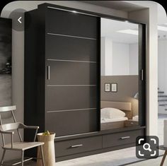 a bedroom with a bed, dresser and mirror