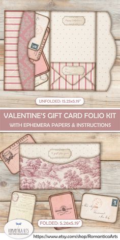 valentine's gift card fold kit with ephemera papers and instructions - printable