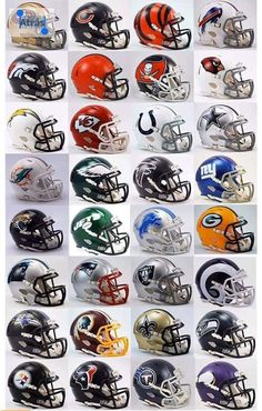 many different helmets are shown in this collage, including one for the football team