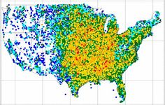 the united states is shown in blue, yellow and green with dots indicating where there are many