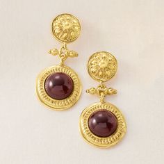 Ross-Simons - Italian Garnet Floral Drop Earrings in 18kt Gold Over Sterling. From Italy, these richly-hued earrings are astonishing. Warm 6.50 ct. t. w. garnet cabochons glow in floral-detailed 18kt yellow gold over sterling silver. Polished finish. Hanging length is 1 1/2". Post/clutch, garnet drop earrings. Garnet birthstones are the perfect gift for January birthdays. Formal Byzantine Round Earrings, Byzantine Style Pierced Earrings For Formal Occasions, Formal Byzantine Pierced Earrings, Formal Byzantine Earrings, Gold Daisy Earrings, Garnet Drop Earrings, Filigree Hoop Earrings, Garnet Birthstone, Gold Flower Ring