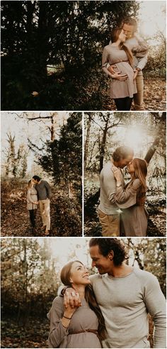 a man and woman are kissing in the woods with trees behind them, while another couple is holding each other's head