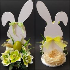 two photos of an easter egg in a basket with flowers and eggs on the side