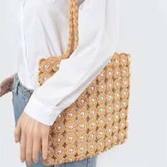 Pearl Woven Tote Bag Dimensions: 11.5 x 11.5" Large Beige Shoulder Bag With Top Handle, Large Beige Shoulder Bag With Top Carry Handle, Large Handmade Shoulder Bag For Summer, Trendy Large Beige Bag, Large Beige Handmade Shoulder Bag, Large Handmade Beige Shoulder Bag, Large Handmade Shoulder Bag For Shopping, Chic Large Beige Shoulder Bag, Large Beige Shoulder Bag With Removable Pouch