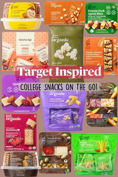 an advertisement for college snacks on the go, with different flavors and toppings in them