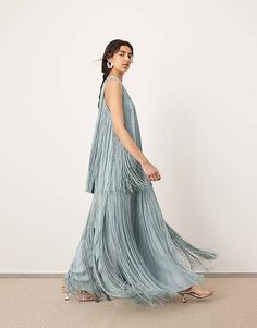 ASOS EDITION ultimate fringe racer neck maxi dress in powder blue | ASOS Show Me Your Mumu Zoey Midi Dress, Flowy Spring Evening Dress For Gala, Sleeveless Spring Cocktail Gown, Spring Floor-length Maxi Dress For Dinner, Sleeveless Gown For Spring Cocktail, Sleeveless Gown For Cocktail In Spring, Chic Spring Floor-length Evening Dress, Sleeveless Cocktail Gown For Spring, Chic Floor-length Spring Evening Dress