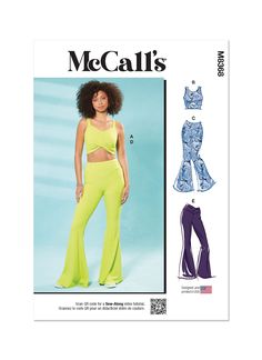 a woman in yellow pants and cropped top with the words mccall's on it