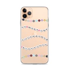 an iphone case with the word love spelled in white and multicolored beads on it