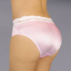 A dream panty for both comfort and style. Stretch satin with a band of stretch lace at the top. Luxurious stretch satin panty accented with fabulous band stretch lace at the top hem. Designed to fit the AMAB body correctly. Improved fit with more room in the front and a more tapered design in the rear. the colors now Feminine Pink Satin Bottoms, Feminine Satin Bottoms, Feminine Fitted Satin Bottoms, Stretch Satin Finish Brief Bottoms, Feminine Fitted Bottoms With Contrast Lace, Pink Stretch Satin Bottoms, Feminine Stretch Bottoms With High-cut Leg, Fitted Lace Trim Full Coverage Bottoms, Fitted Full Coverage Bottoms With Lace Trim