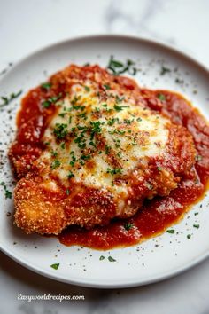 a white plate topped with chicken parmesan covered in sauce