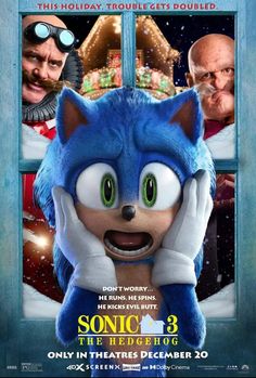 sonic the hedgehog movie poster with santa claus looking out window and snowman in background