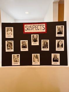 a bulletin board that has pictures on it with the words suspects written on it