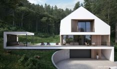 an artist's rendering of a house in the woods with a pool and deck