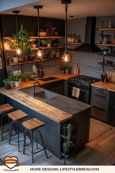 a kitchen with wooden counters and stools next to an island in front of a stove top oven