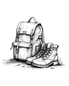 a drawing of a backpack and boots on the ground