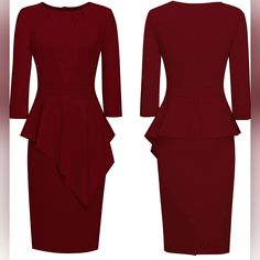 I Love This Dress!! I Ordered One For Myself And This One Came Extra! This Dress Is Perfect Quality And Gorgeous Retro Style. Very Comfortable And Sooooo Flattering! Beautiful Maroon Color, Perfect For Holiday Parties And Business Wear. Brand New With Tags. Size 7 Large! Fitted Burgundy Dress For Work, Red 3/4 Sleeve Dress For Work, Red Midi Dress With 3/4 Sleeves, Business Wear, Maroon Color, Lady In Red, Peplum Dress, Retro Fashion, Colorful Dresses