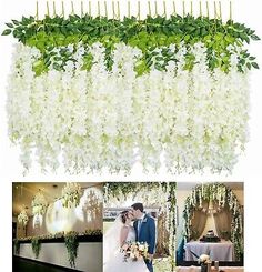 white flowers and greenery are hanging from the ceiling in this wedding photo collage