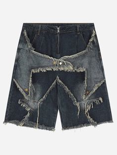 Majesda® - American Pentagram Tassel Patch Denim Shorts - 1681- Outfit Ideas - Streetwear Fashion - majesda.com Moda Denim, Vintage Denim Shorts, Mid Waist Pants, Mens Denim Shorts, Streetwear Jeans, Y2k Shorts, Clothing Pieces, Frayed Jeans, Patchwork Jeans