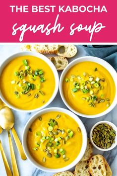 the best kabocha squash soup with bread and seeds in bowls on a table