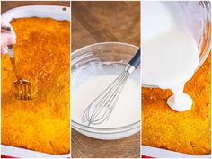 three pictures showing how to make cornbread casserole with milk being whisked