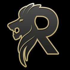 the letter r with a lion's head in gold and black on a black background