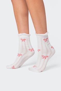 Bow Printed Socks White Bow Socks For Spring, Medias Aesthetic, Cottagecore Socks, Socks Ruffle, Bow Socks, Socks Aesthetic, Women Socks Fashion, Flower Socks, Printed Socks