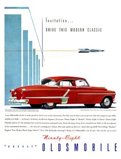 an old advertisement from the 1950's shows a red car