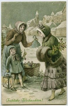 an old fashioned christmas card with two children in the snow, one holding a small child's hand