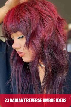 Red to Purple Choppy Cut Reverse Ombre Choppy Cut, Shades Of Red Hair, Bright Red Hair, Hair Starting