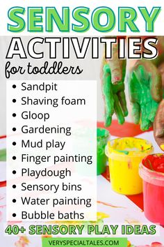 LIST OF SENSORY ACTIVITIES FOR TODDLERS WITH A VISIAL OF KIDS' HANDS DOING HAND PAINTING Sensory Play Activities For Toddlers, Sensory Integration Activities, Sensory Activities For Kids, Messy Monday, Kids Sensory Activities, Preschool Creative Art, Sensory Activities For Preschoolers