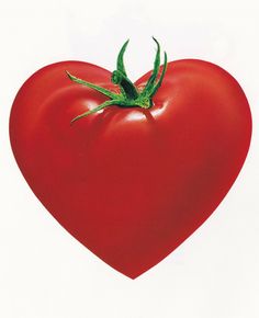 a large red heart shaped tomato with green stems on it's end, against a white background